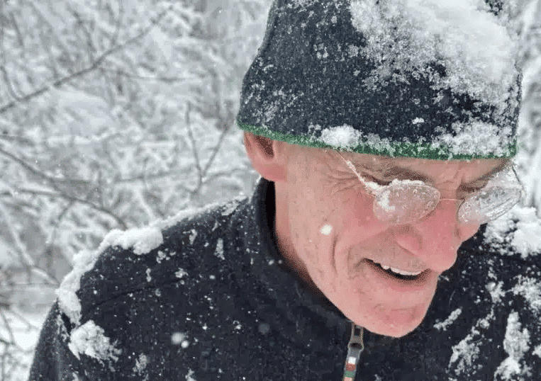 James walking in the snow